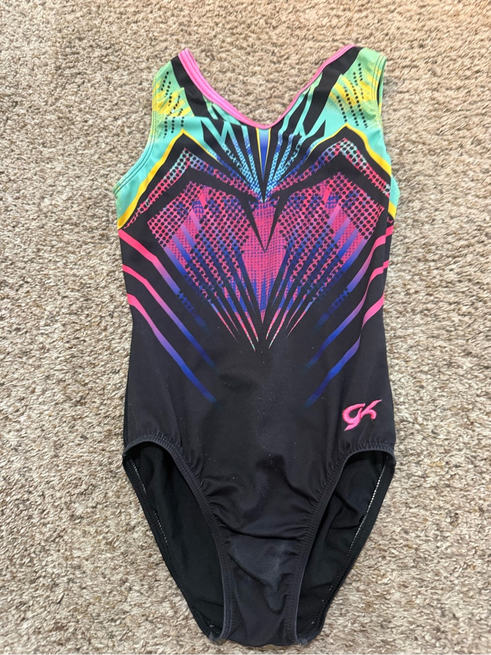 GK Black Leotard with Neon Pink, Purple, Blue and Green Accents